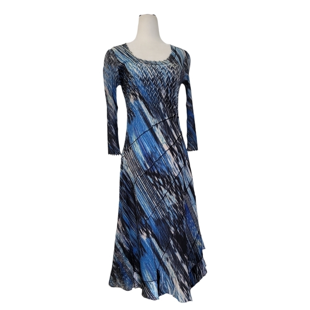 Komarov abstract print unconventional/ asymmetrical midi lace accent dress
